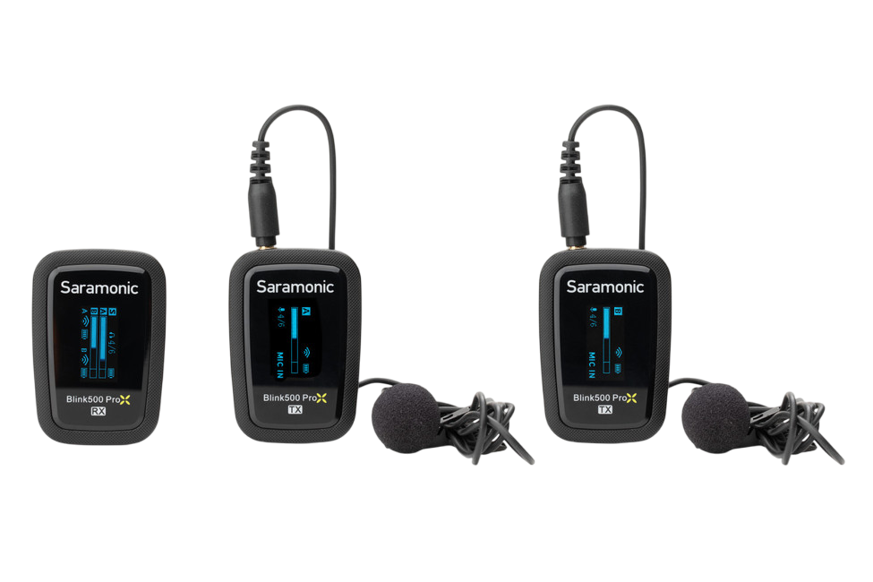 Front-facing shot of a 2-Person Wireless Clip-On Microphone System (Lavalier) laid out individually