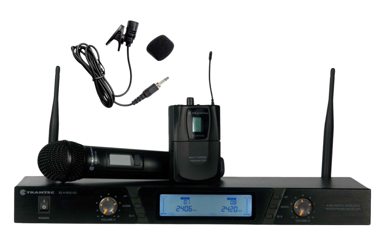Close-up shot of a Trantec S2.4-HBX Dual Receiver System with a Beltpack Transmitter, Handheld Mic & Tie-Clip Mic
