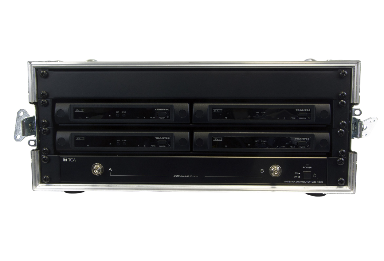 Front-facing shot of a Trantec S4.10 4-Channel Racked ‘n’ Ready System