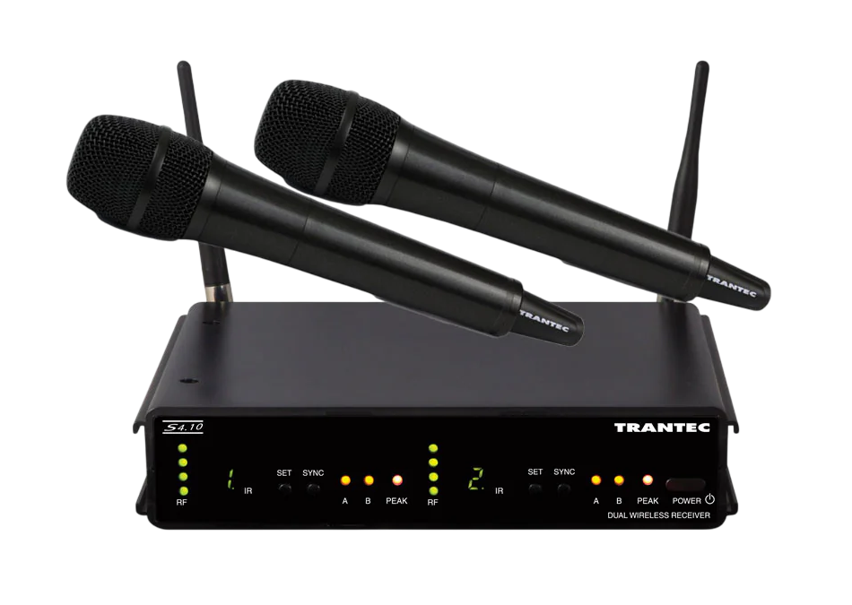 Front-facing shot of a Black UHF Dual Wireless Receiver with two Handheld Transmitters