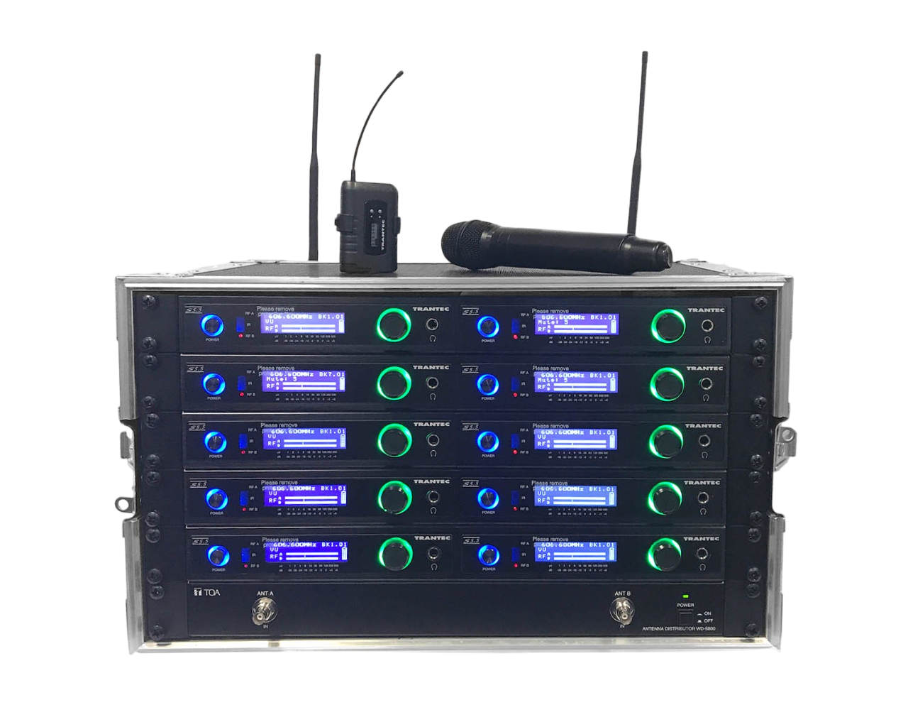 Front-facing shot of a Trantec S5.5 Racked ‘n’ Ready 10-Channel UHF Wireless Microphone System with a Beltpack Transmitter & Handheld Microphone