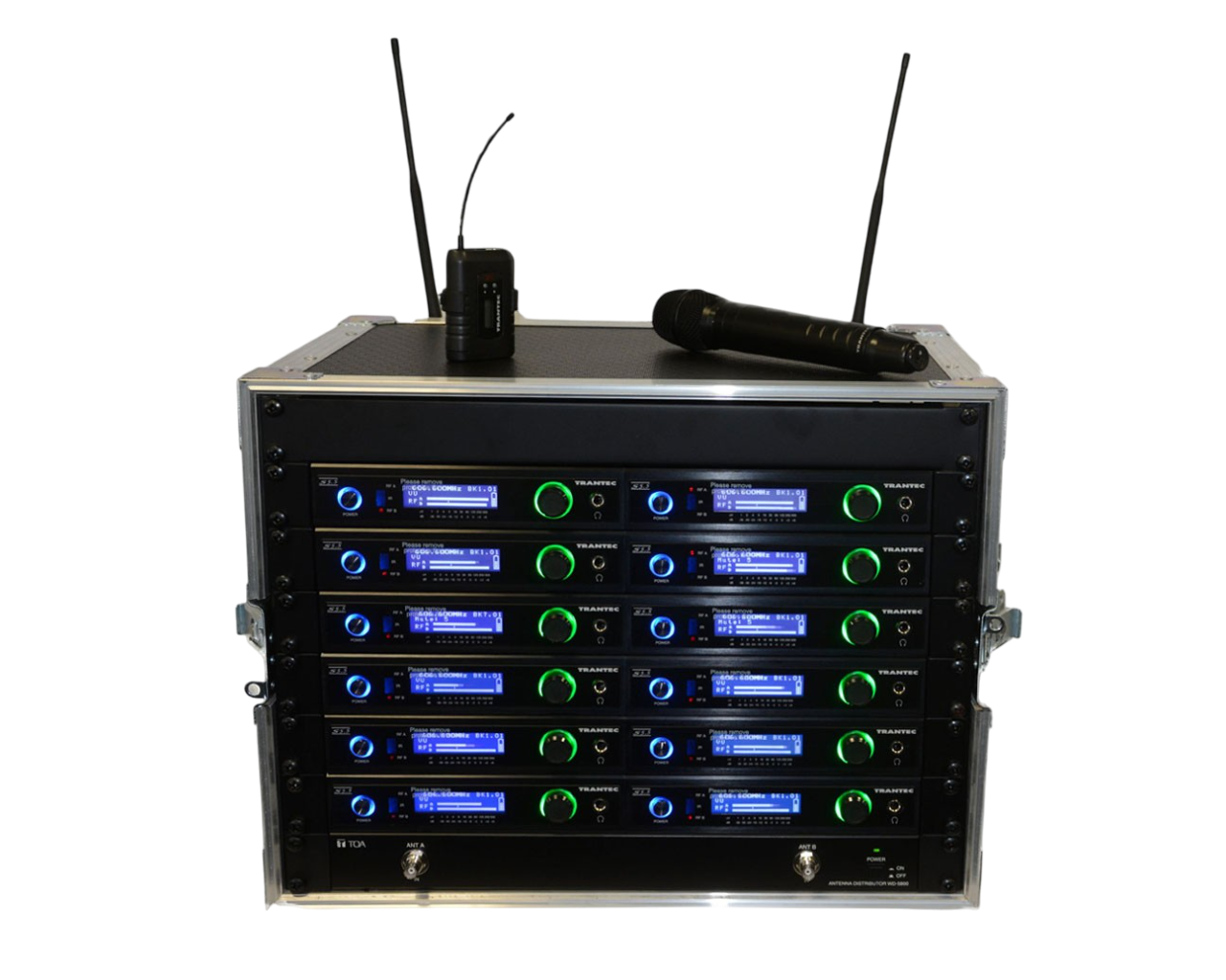 Front-facing shot of a Trantec S5.5 Racked ‘n’ Ready 12-Channel UHF Wireless Microphone System (G01/Channel 38)