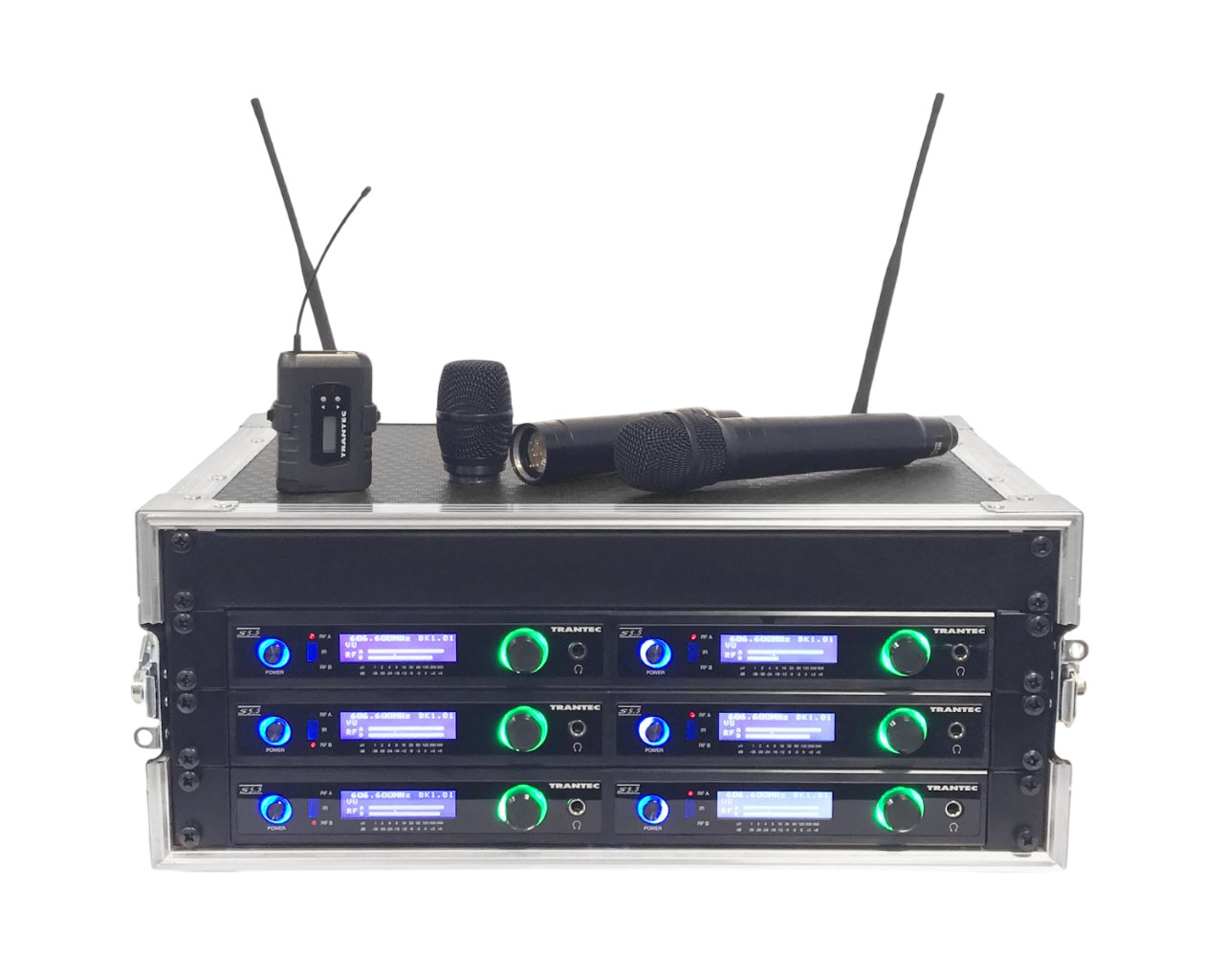 Front-facing shot of a Trantec S5.5 Racked ‘n’ Ready 6-Channel UHF Wireless Microphone System with a Beltpack Transmitter & Handheld Microphone