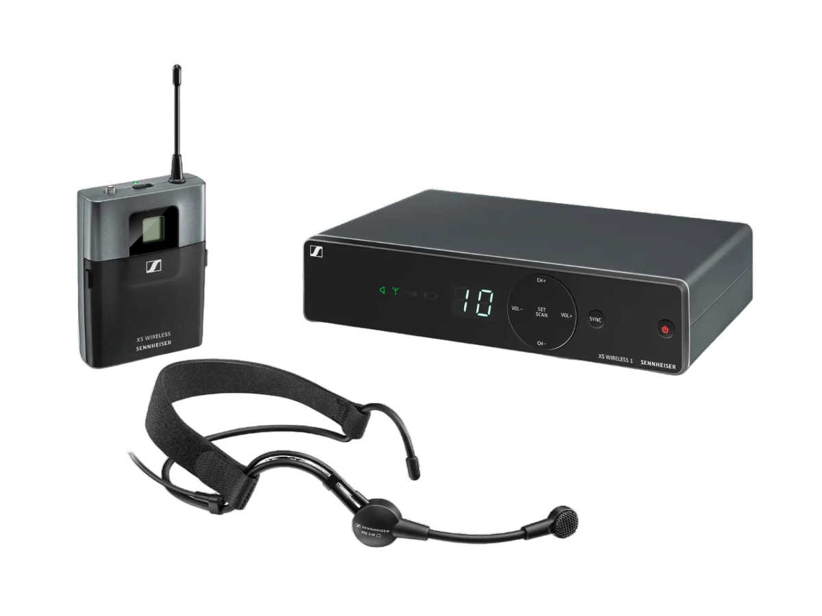 Angled shot of a Sennheiser XSW 1-ME3-E Wireless Neckband System with a ME3 Cardioid Mic & Receiver laid out individually