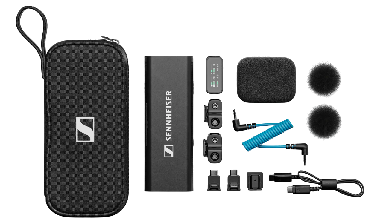 Overhead shot of a 'Sennheiser Profile Wireless 2' System laid out individually
