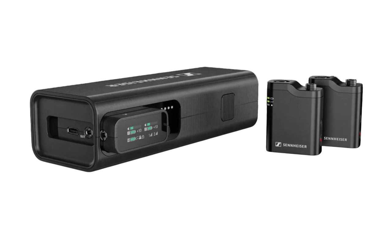 Angled shot of two 'Sennheiser Profile Wireless 2' Receivers positioned alongside a Sennheiser Charging Bar